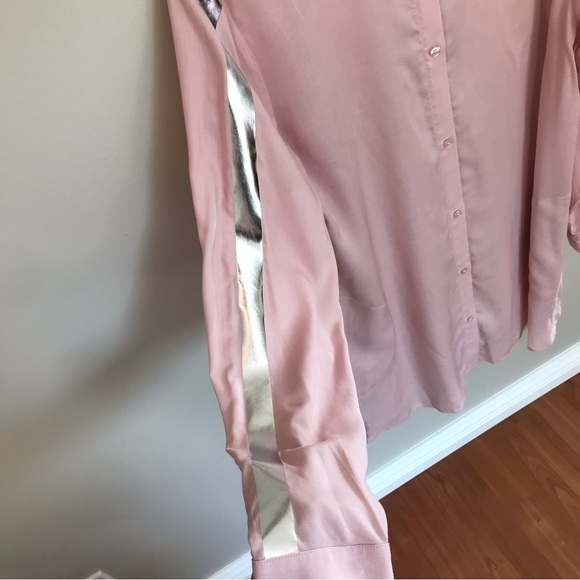 DKNY | Button Down Long Sleeve Pink Shirt Dress w/ Silver Accents & Pockets - Picture 5 of 16
